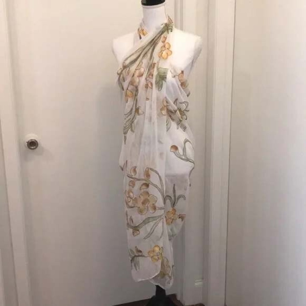 Rima Floral Sarong Cover-Up Beach Swim Pool Resort Wear White Yellow Lightweight
